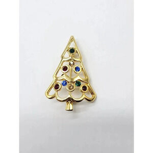 Eisenberg Ice Multi-Color Rhinestone Gold Tone Christmas Tree Brooch Openwork